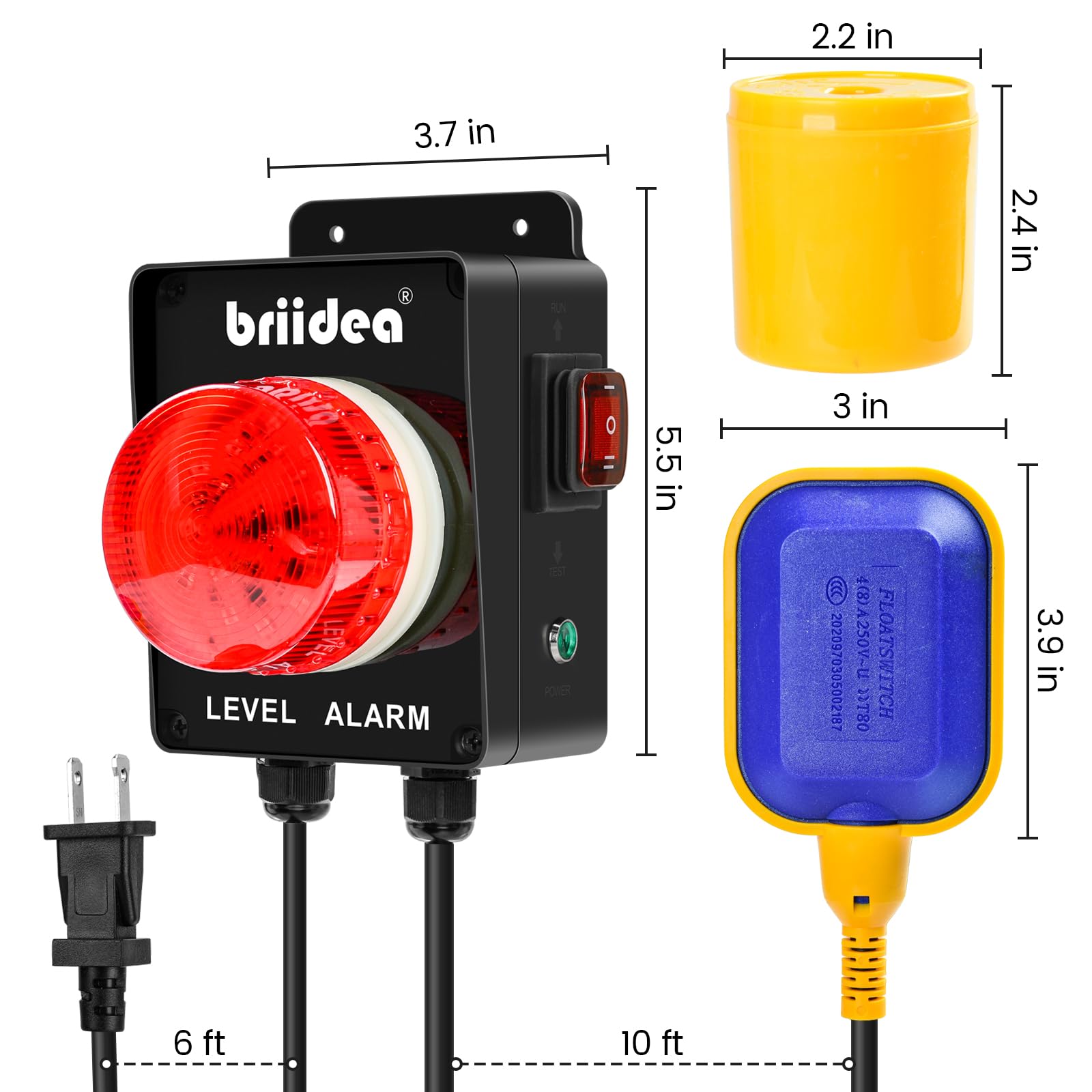 Briidea Indoor/Outdoor High Water Alarm with 110dB Loud Alarm, Large LED Indicator, AC Power, Test Button, 10ft Level Float Switch, Ideal for Septic Sump Pump Retail $79.00