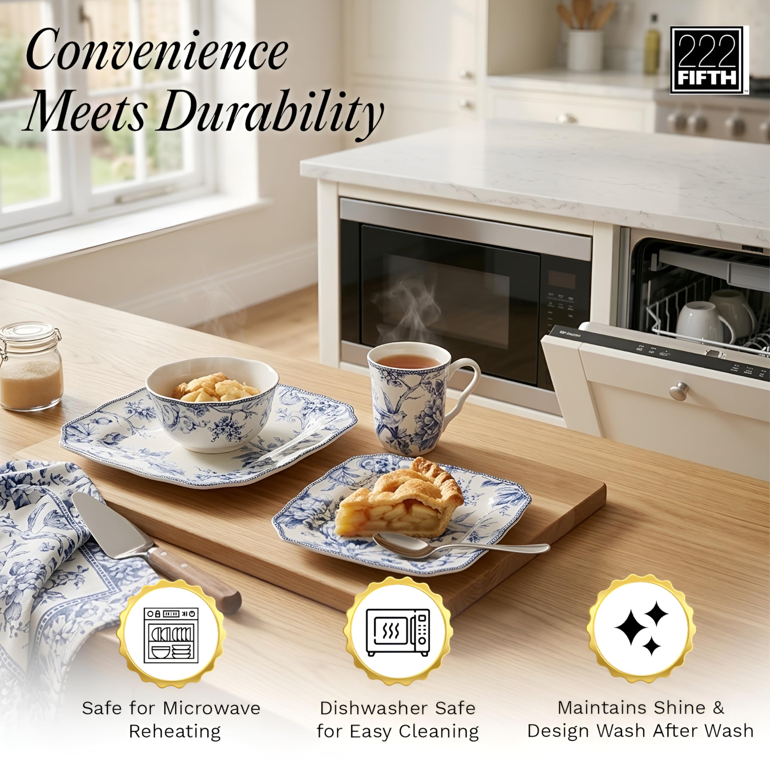 New 222 Fifth Adelaide Blue Floral Porcelain 16-Pc Microwave Safe Dinnerware Set Retail $109.00