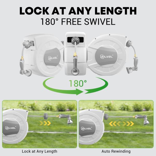 Retractable Garden Hose Reel 12 in x 100ft Wall Mount with 10 Pattern Nozzle and Swivel Bracket