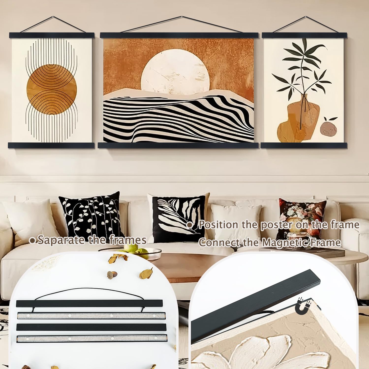 Artmag Magnetic Poster Hanger Frame, 23x35 23x34 23x23 Light Wood Wooden Magnet Canvas Artwork Print Poster Hangers Frames Hanging Kit (Black, 23") Retail $20.00