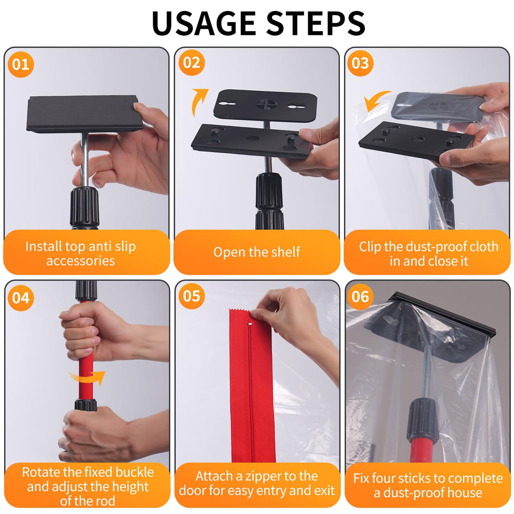 Dust Barrier Kit with Telescoping Poles 32.8x13.1FT Plastic Sheeting Zippers