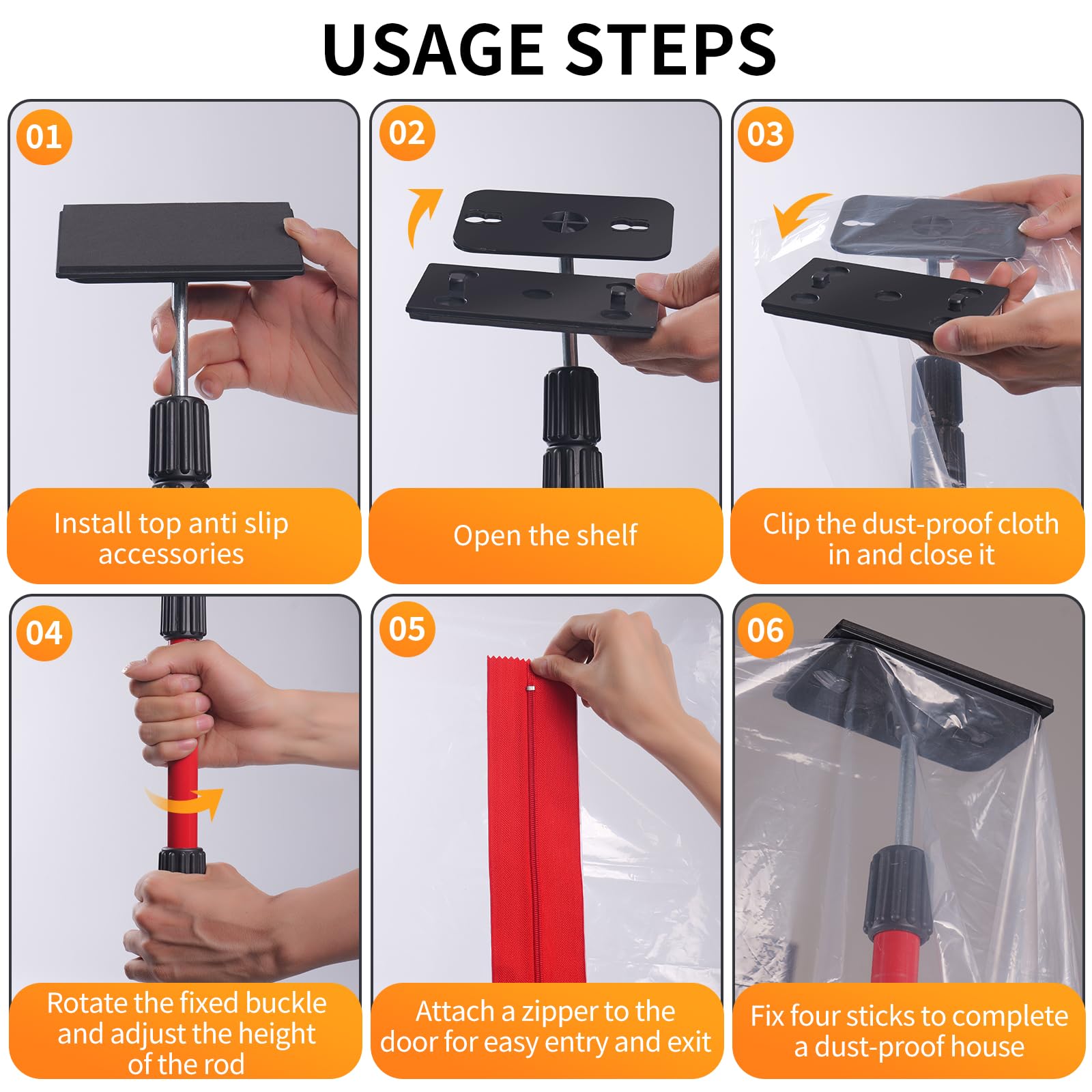 Dust Barrier Kit with Telescoping Poles 32.8x13.1FT Plastic Sheeting Zippers