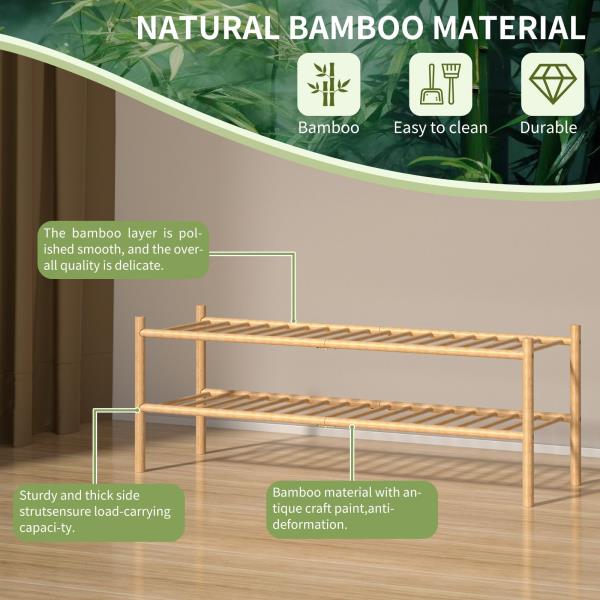 -Tier Bamboo Long Shoe Rack Stackable Wood Storage Organizer 35x11x13 Natural