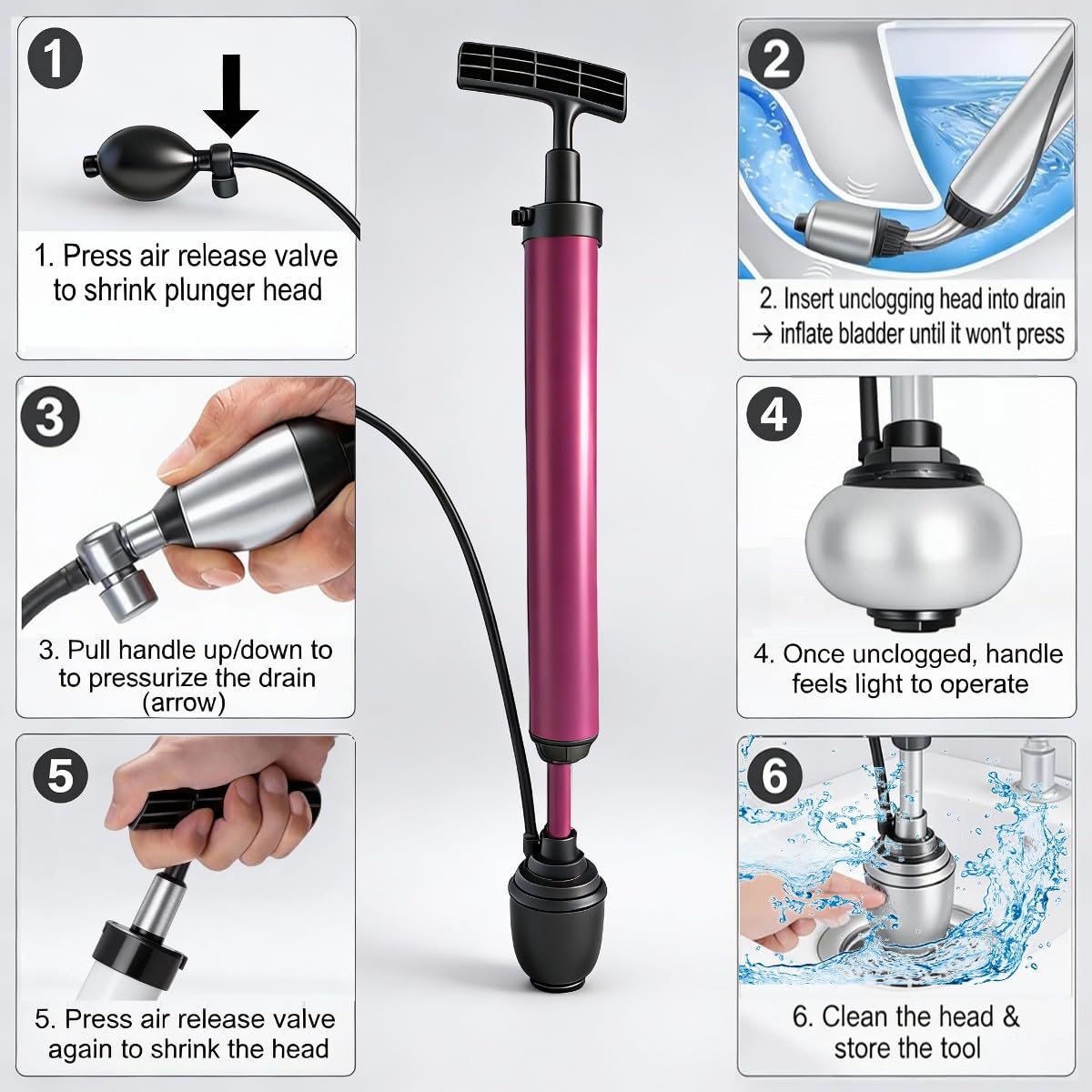 Manual Drain Unclogger  Plunger for 1.5-4.5 Pipes with Flexible Hose - Purple