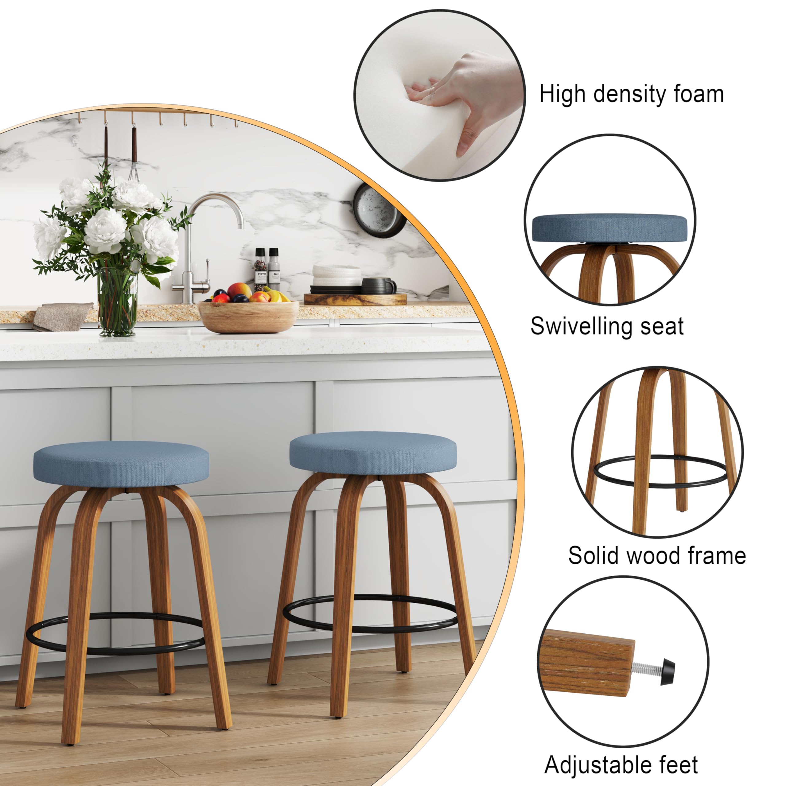 Open-Box New GREHOME Set of 2 Blue 24 Counter Height Swivel Bar Stools