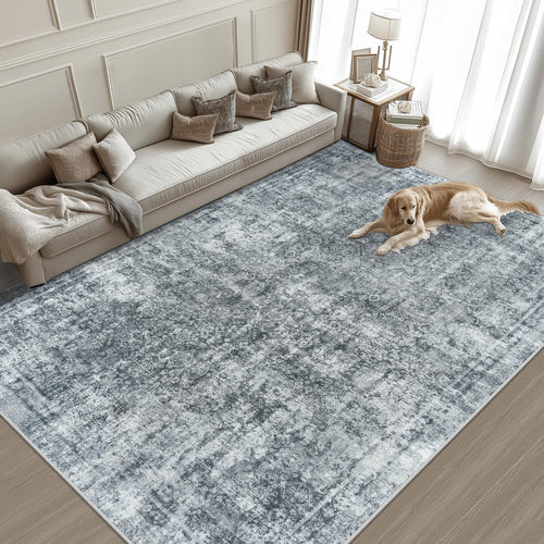 Black Grey 8x10 Washable Non-Slip Vintage Abstract Low-Pile Area Rug