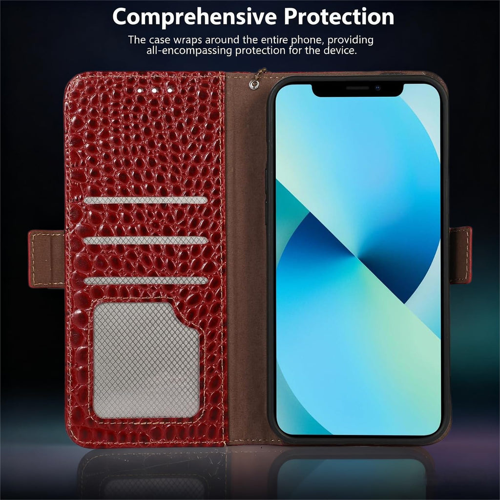 iPhone 16 Pro Leather Flip Case Crocodile Pattern RFID Blocking - Red