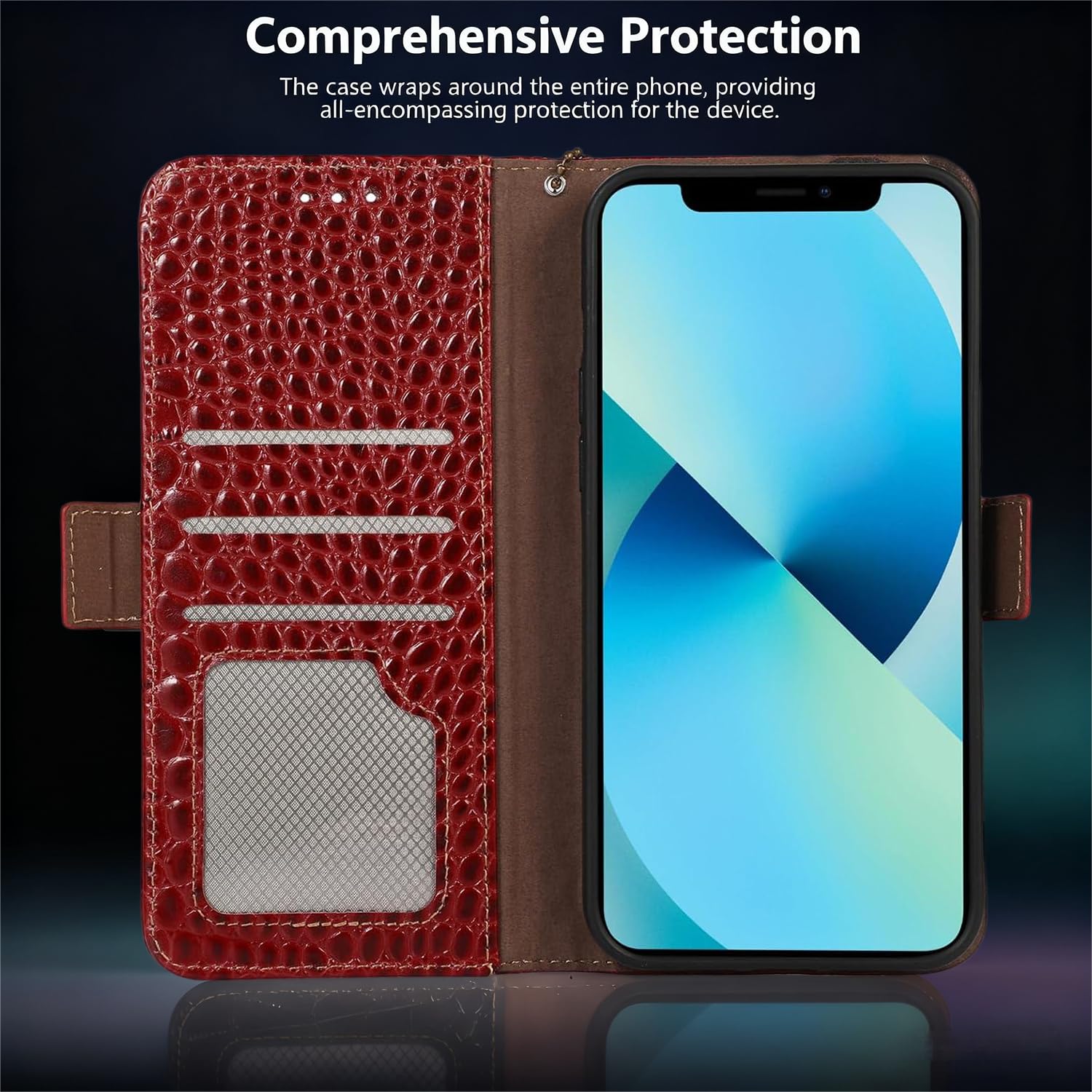 iPhone 16 Pro Leather Flip Case Crocodile Pattern RFID Blocking - Red
