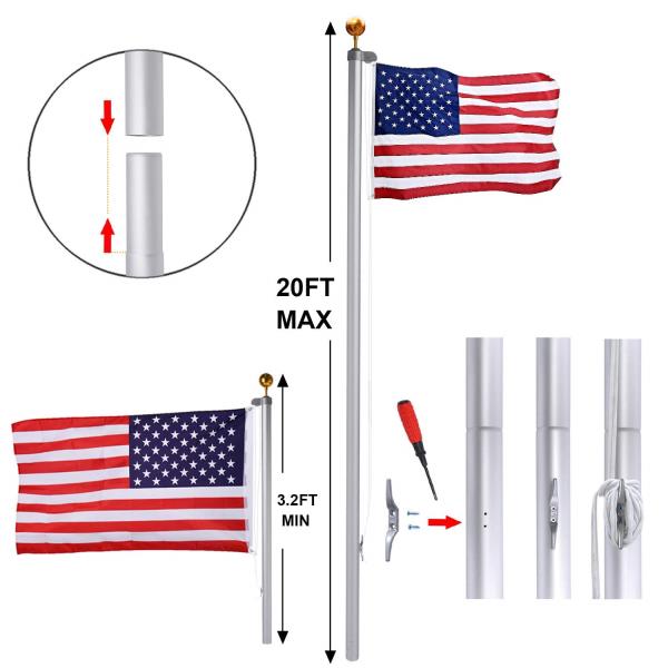 Flag Pole for Outside In Ground, 25FT Sectional Flag Pole Kit, Extra Thick 14 Gauge Heavy Duty Aluminum Flagpole, Outdoor Flag Poles with 3x5 American Flag for Yard, Residential or Commercial Retail $79.00