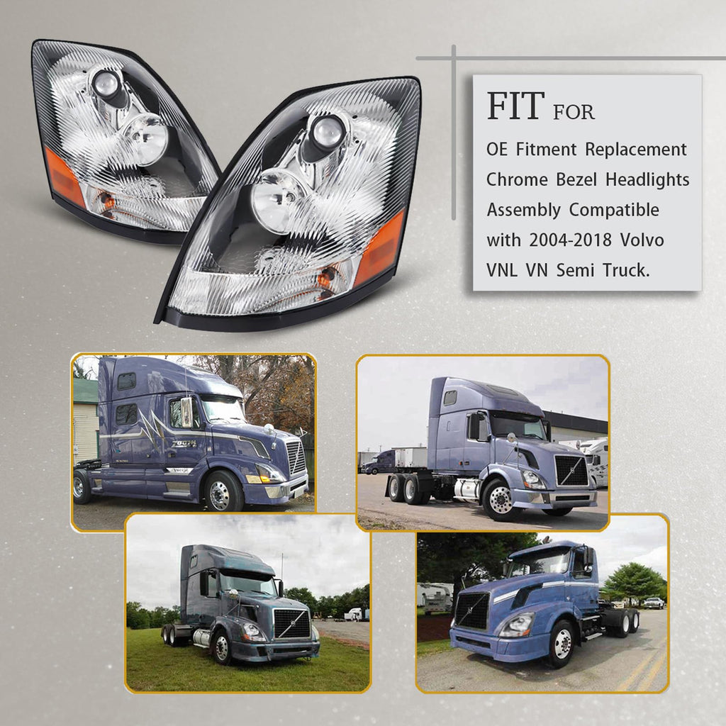 White Headlight Pair Assembly Compatible with 2004-2017 VOLVO VNL Semi Trucks Halogen Bulbs