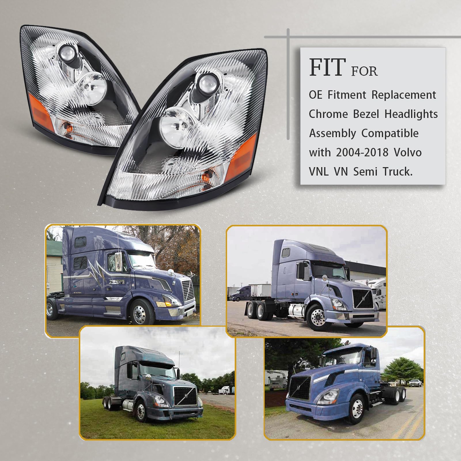 White Headlight Pair Assembly Compatible with 2004-2017 VOLVO VNL Semi Trucks Halogen Bulbs