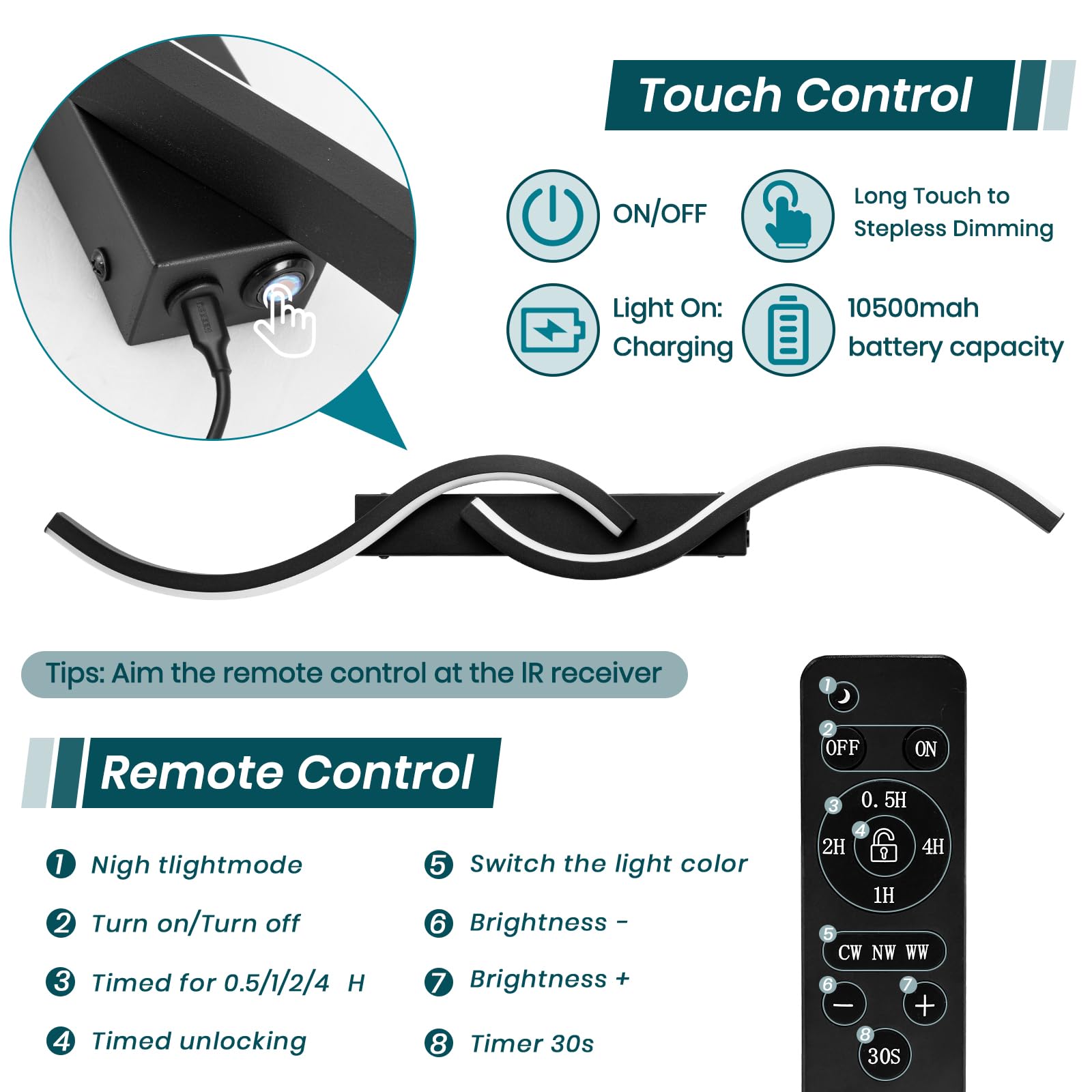 Black Wireless Rechargeable LED Wall Sconce with Remote Control