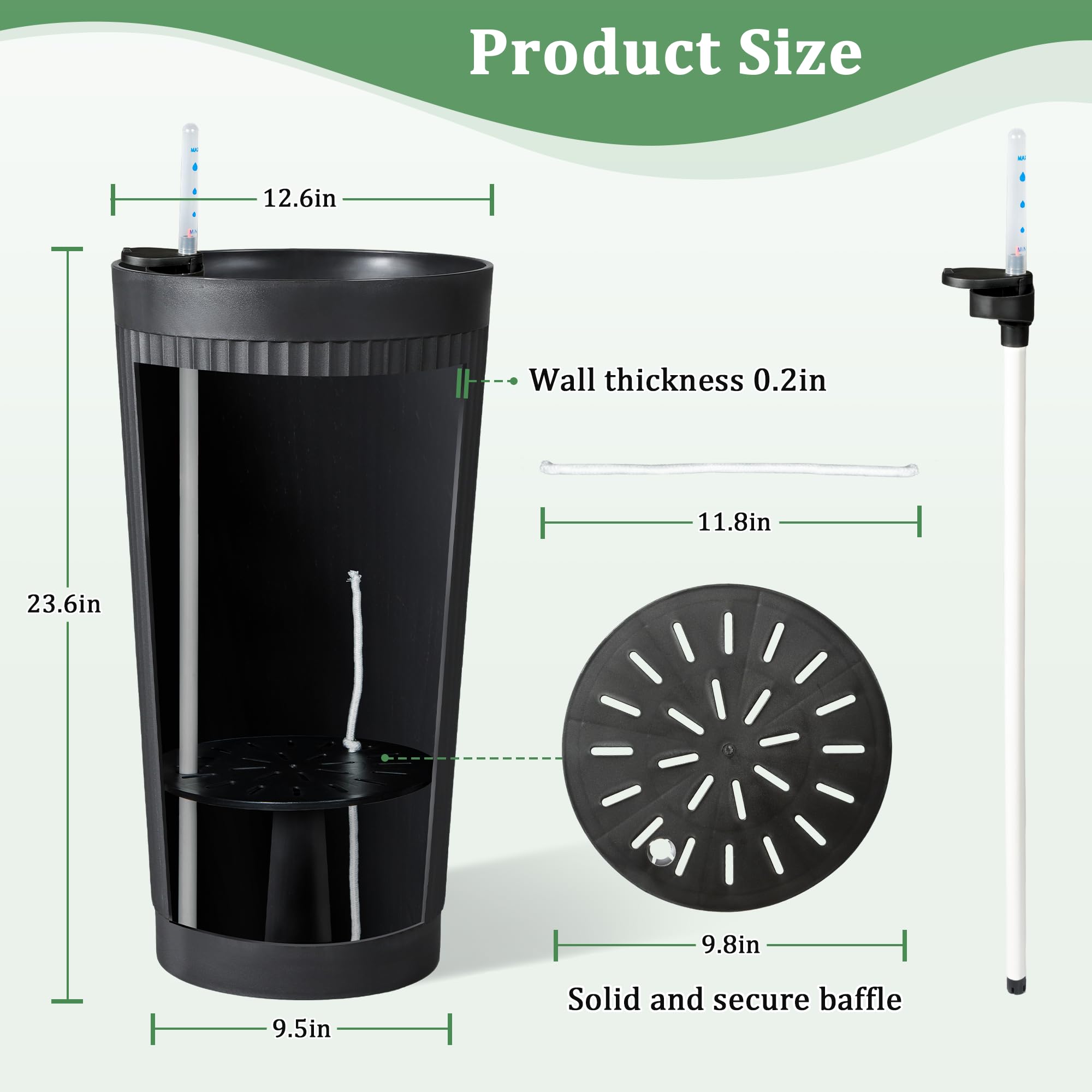 '-Pack 24in Round Plastic Self-Watering Planters with Vertical Ribbed Design Black