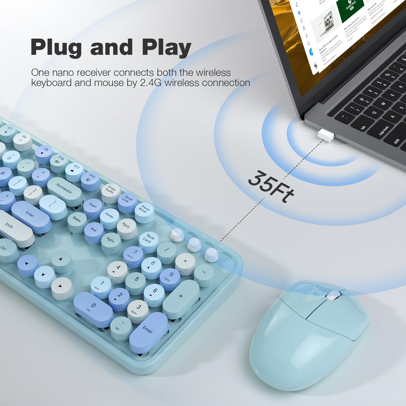 Wireless Keyboard and Mouse Combo Retro Typewriter Style 2.4GHz Blue-Colorful $27.00