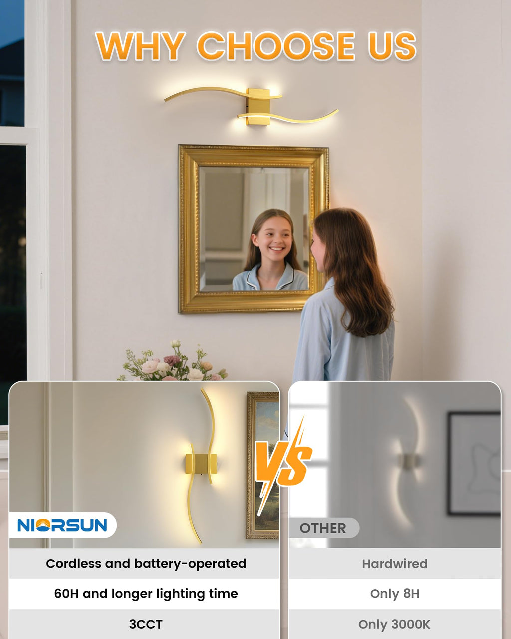 Gold 27.6 Battery Operated Dimmable 3CCT Wall Sconce Set of 2