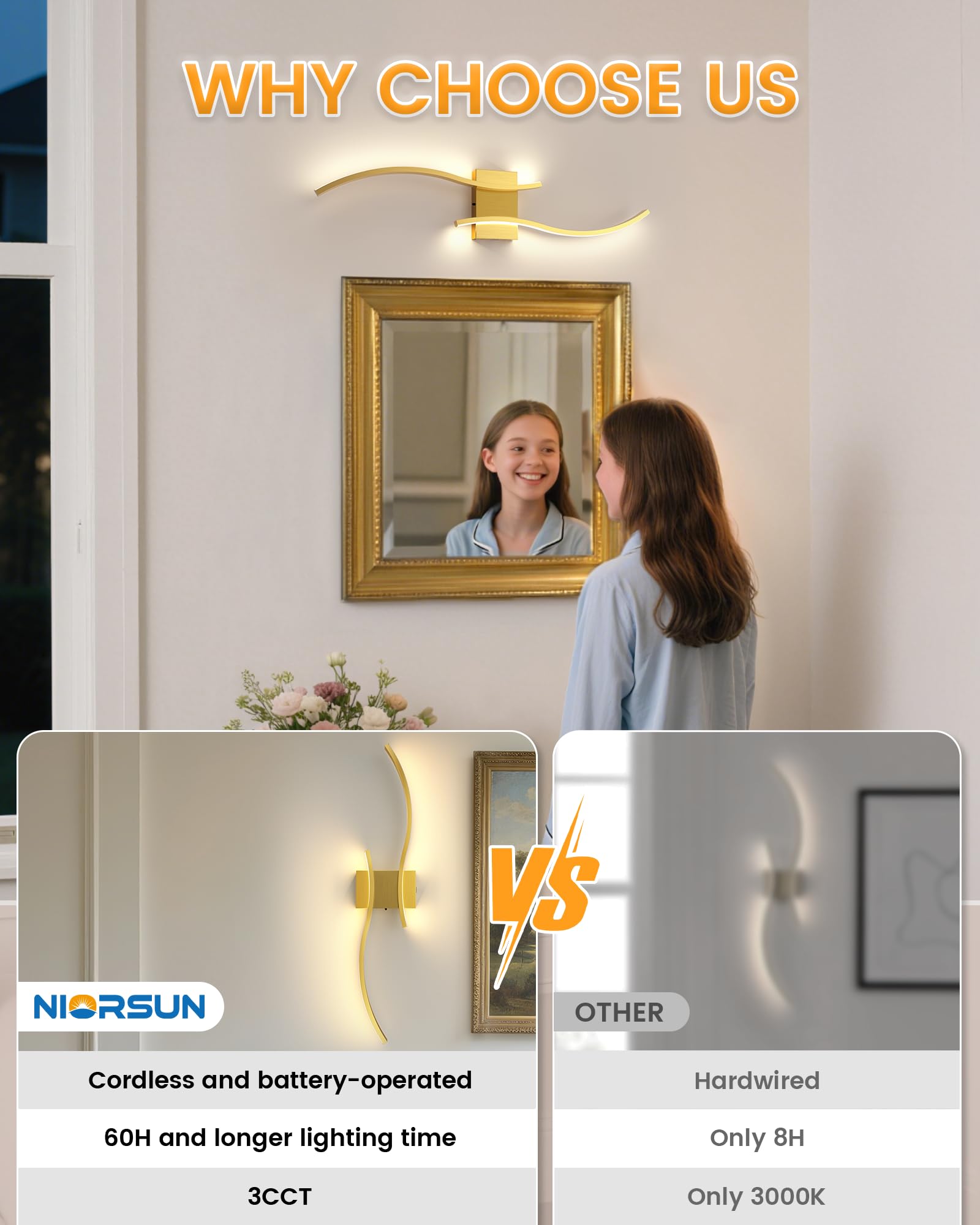 Gold 27.6 Battery Operated Dimmable 3CCT Wall Sconce Set of 2