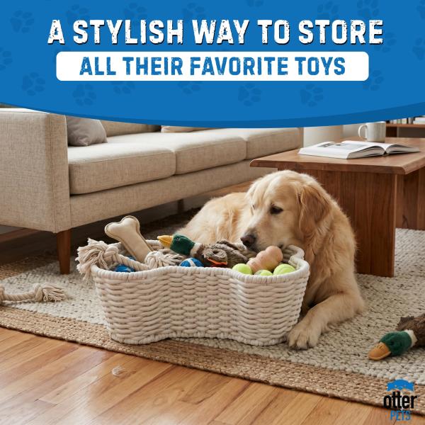 OtterPets Dog Toy Basket, Bone Shaped Cotton Rope Dog Toy Bin, Large 23x15"