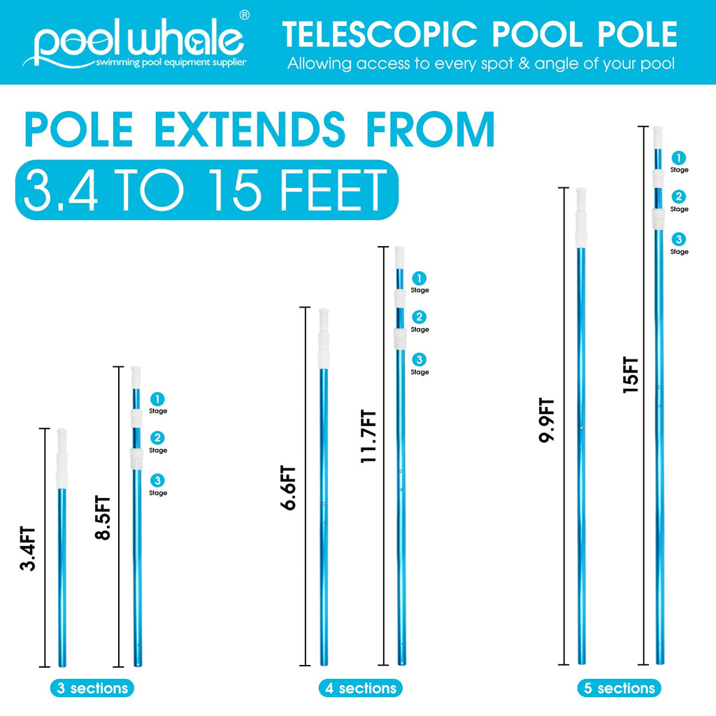 Ft Telescopic 3 Piece Adjustable Swimming Pool Cleaning Pole Blue Anodized Aluminum