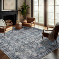 Washable Ultra-Thin Area Rug 8x10 Boho Floral Non-Slip Dark Royal Blue