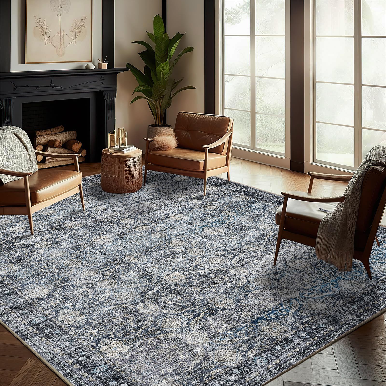 Washable Ultra-Thin Area Rug 8x10 Boho Floral Non-Slip Dark Royal Blue
