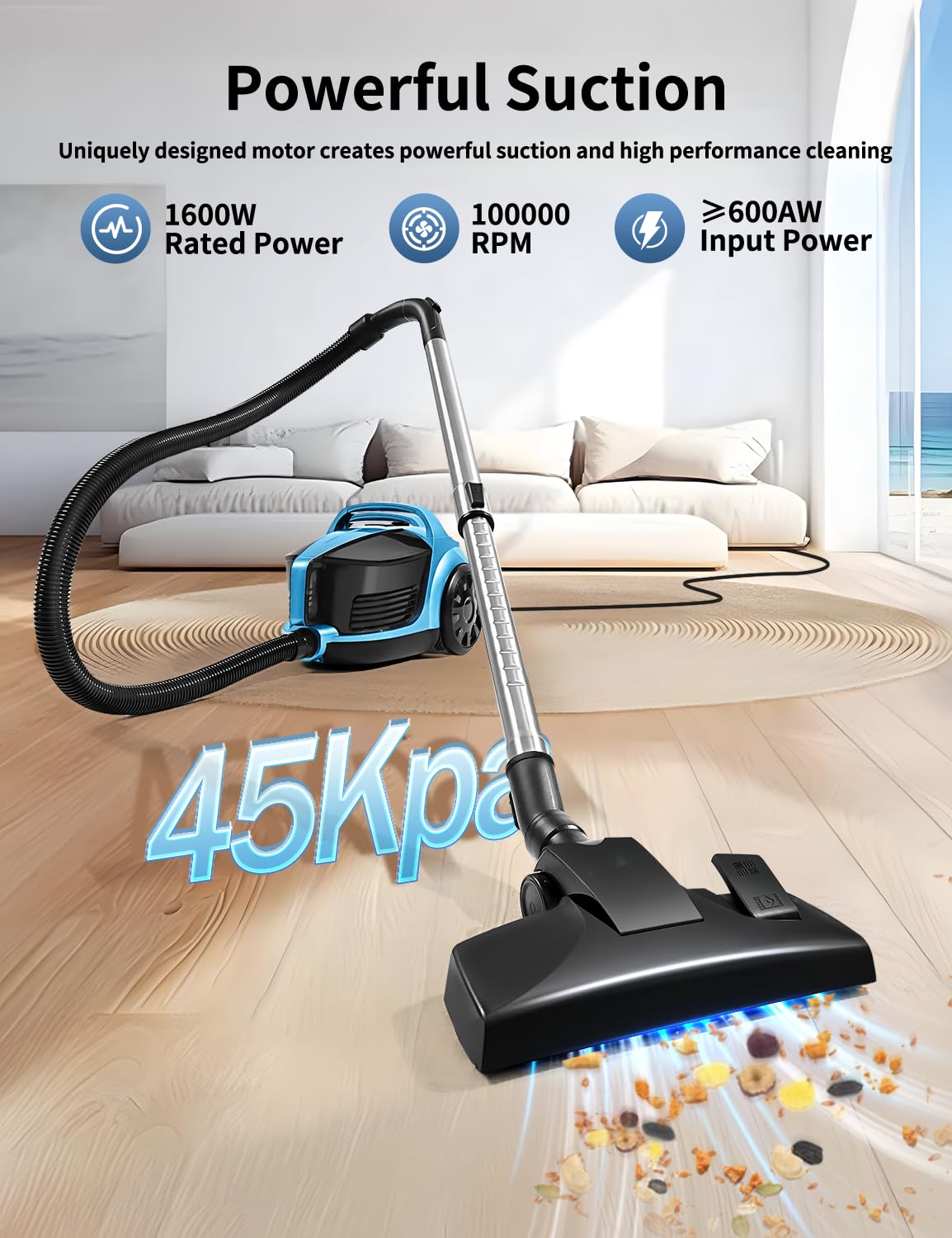 Kpa 1600W Bagless Canister Vacuum Cleaner with Double HEPA Filter 4.5Qt - Blue