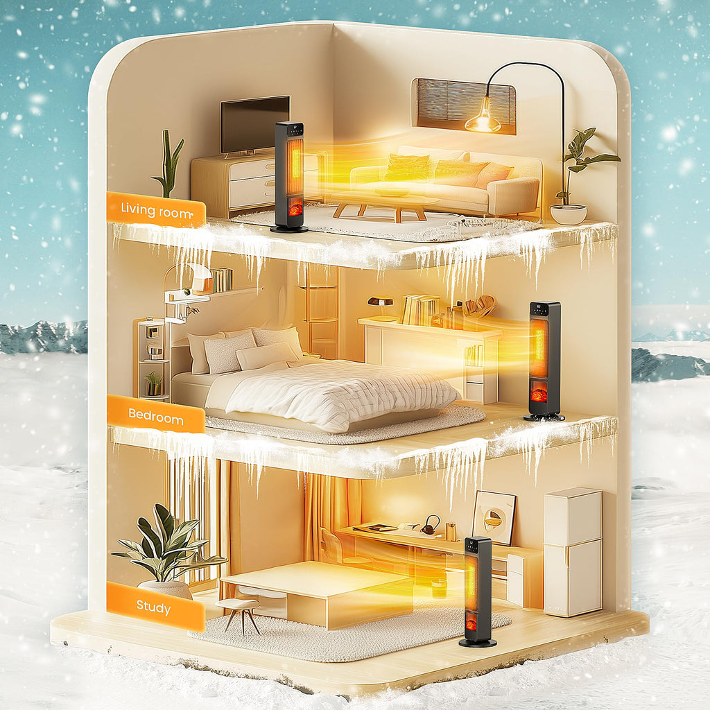 Tower Heater and Fan Combo, 1500W PTC Electric Fireplace Heater W/ 3D Flame, 90° Oscillation Space Heater Fan Combo for Indoor Use, Child Lock & Eco Mode, 12h Timer, Remote Control, Home & Office Retail $89.00