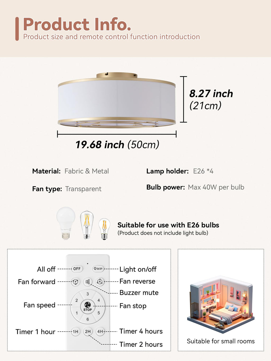 Gold Boho Low Profile Ceiling Fan with Light Flush Mount  Remote Control