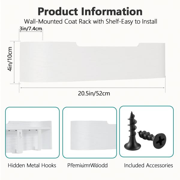 Coat Rack Wall Mount with Hidden Hooks Modern Key Holder Wood Entryway Hook with Shelf for Bedroom Kitchen Hallway Bathroom Designed for Hanging Coats Hats Bags Towels Dog Leashe(White,5 Hooks) Retail $36.00
