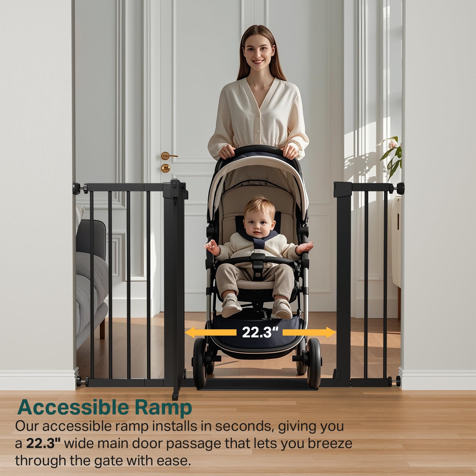 Adjustable Metal Baby Gate 29.7-48in Wide Auto-Close Dual-Lock Black
