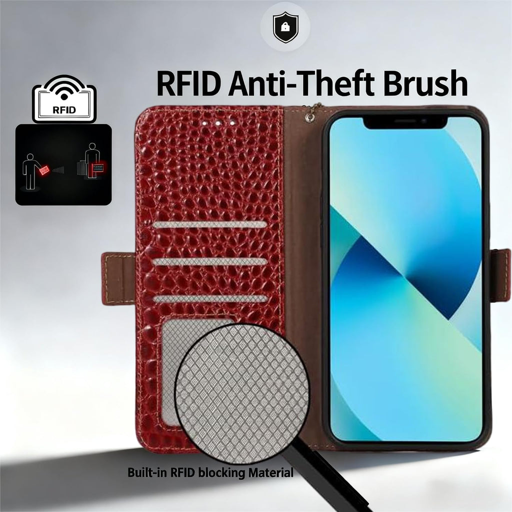 iPhone 16 Pro Leather Flip Case Crocodile Pattern RFID Blocking - Red