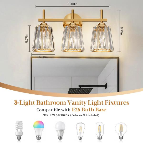 -Light Crystal Bathroom Vanity Light Fixture Gold Modern Wall Sconce with Ceramic E26 Base