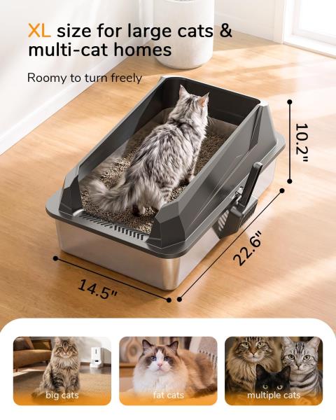 XL Cat Litter Box with Stainless Steel Inner Tank and Side-Entry Removable Lid Dark Gray