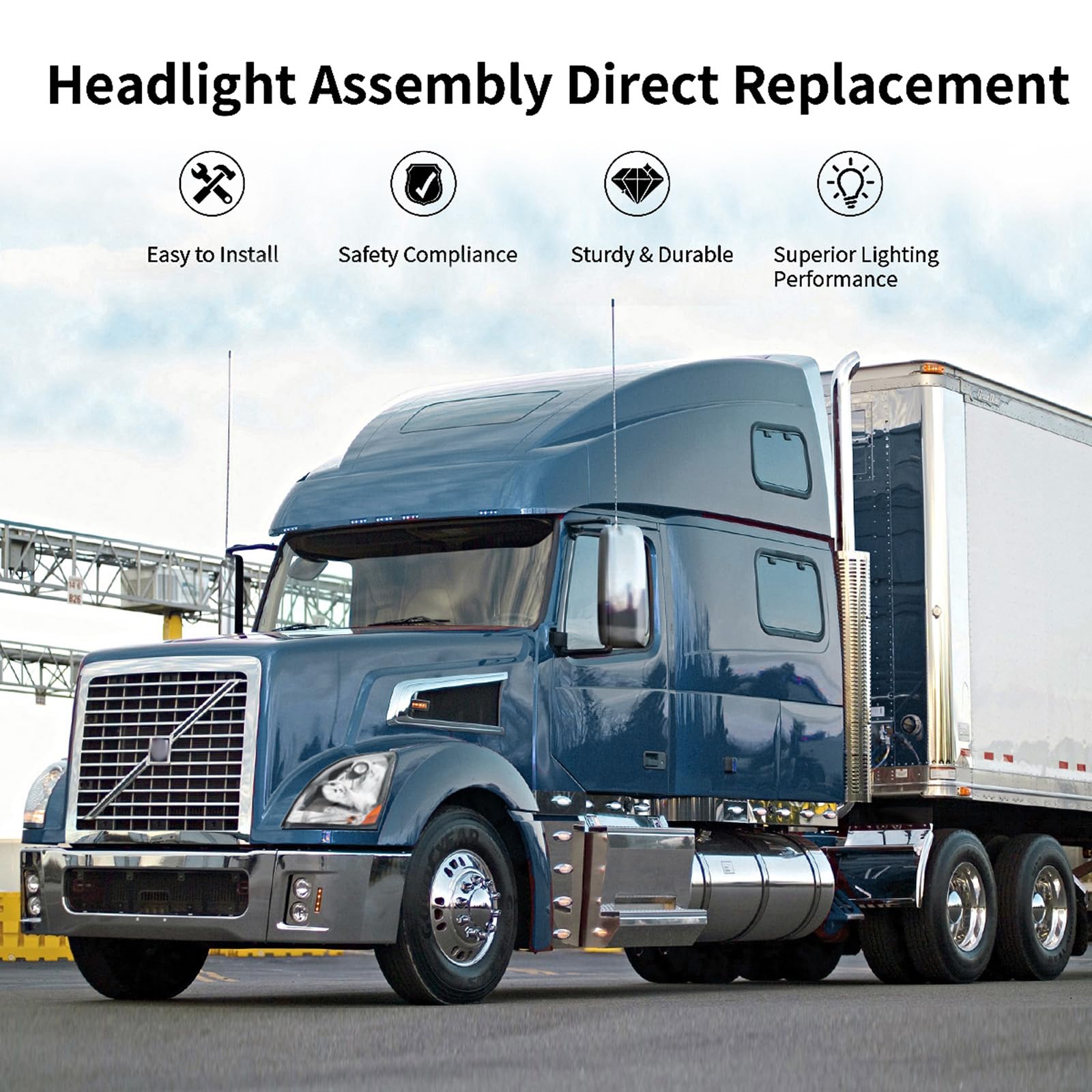 White Headlight Pair Assembly Compatible with 2004-2017 VOLVO VNL Semi Trucks Halogen Bulbs
