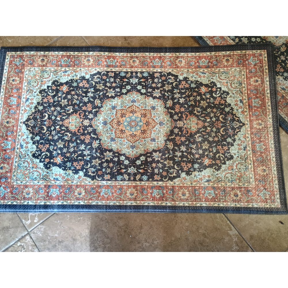 Persian Style Medallion Pattern Runner Rug Set 3-Piece - Navy Rust Cream