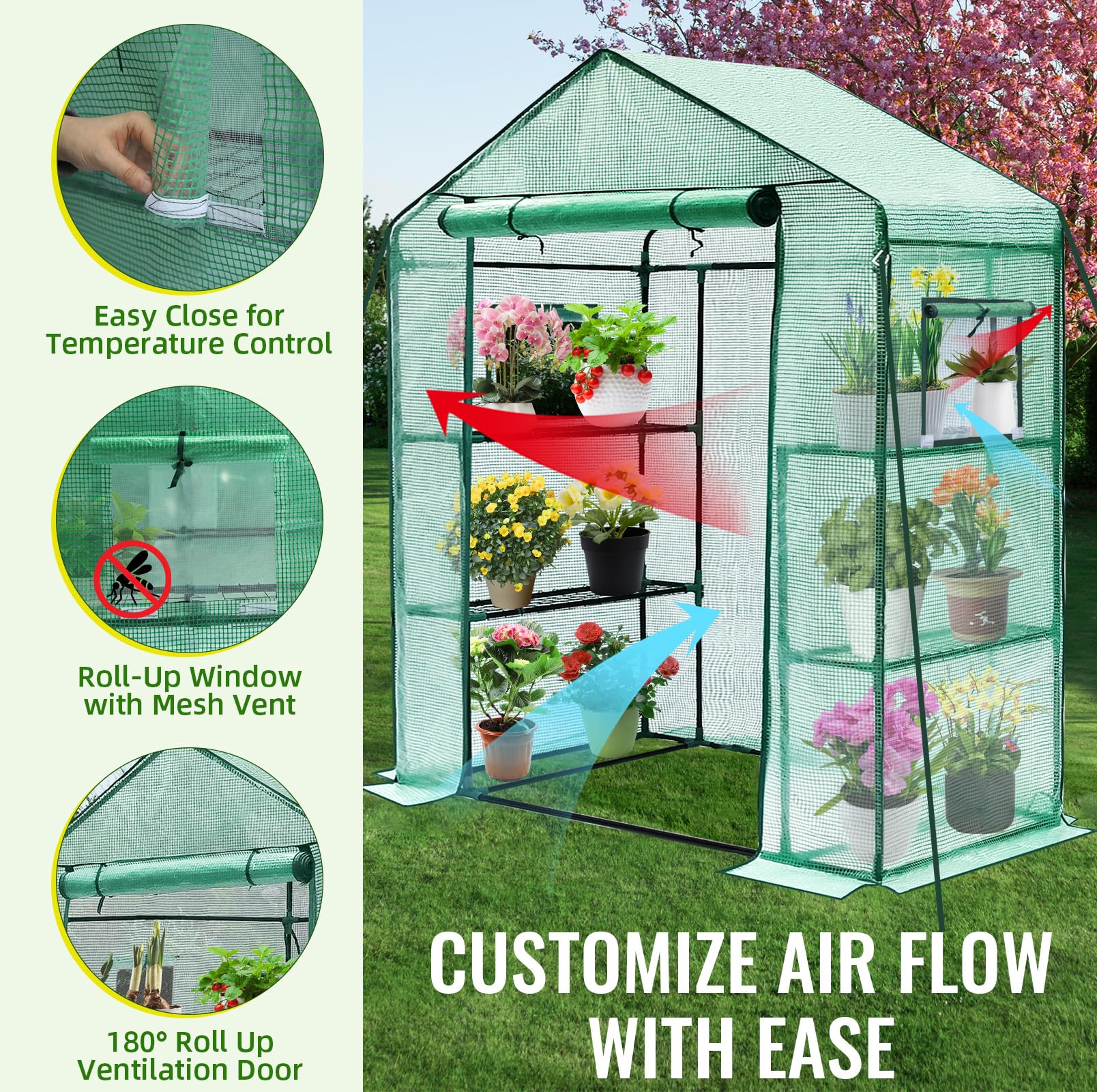 Portable Walk-in Greenhouse 3 Tiers 4 Shelves Screen Windows PE Cover Green 28x57x76
