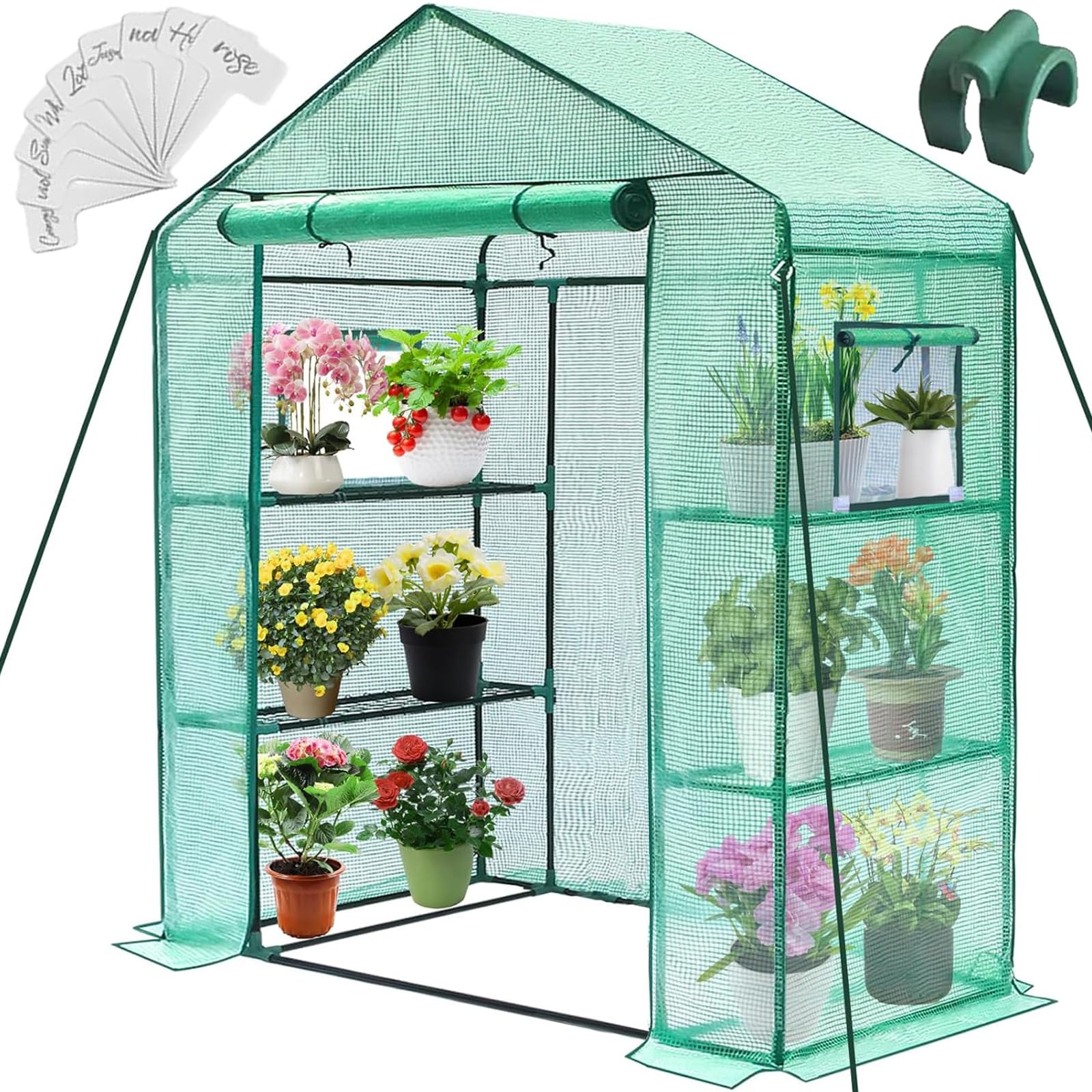 Portable Walk-in Greenhouse 3 Tiers 4 Shelves Screen Windows PE Cover Green 28x57x76