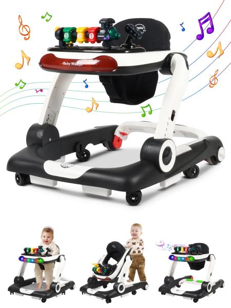 3-in-1 Baby Walker and Activity Center with Music Lights and Adjustable Wheels - Black