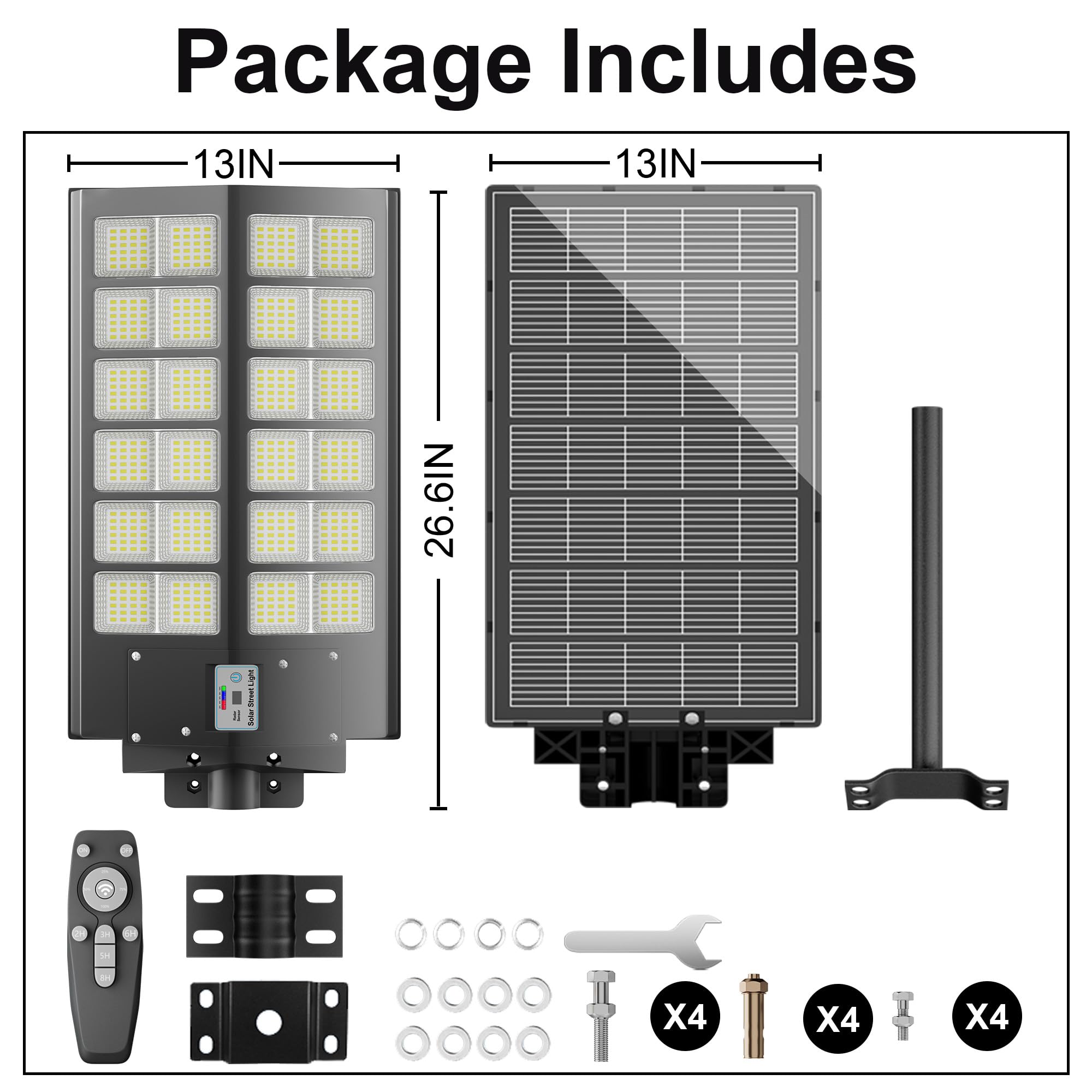 W LED Solar Powered Outdoor Street Light with Dusk-to-Dawn Motion Sensor - Black