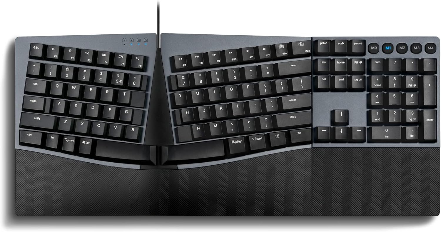 Perixx PERIBOARD-535BL Wired Ergonomic Mechanical Full-Size Keyboard - Low-Profile Blue Clicky Switches Programmable Feature with Macro Keys Compatible Windows and Mac OS X US English, Black Retail $89.00