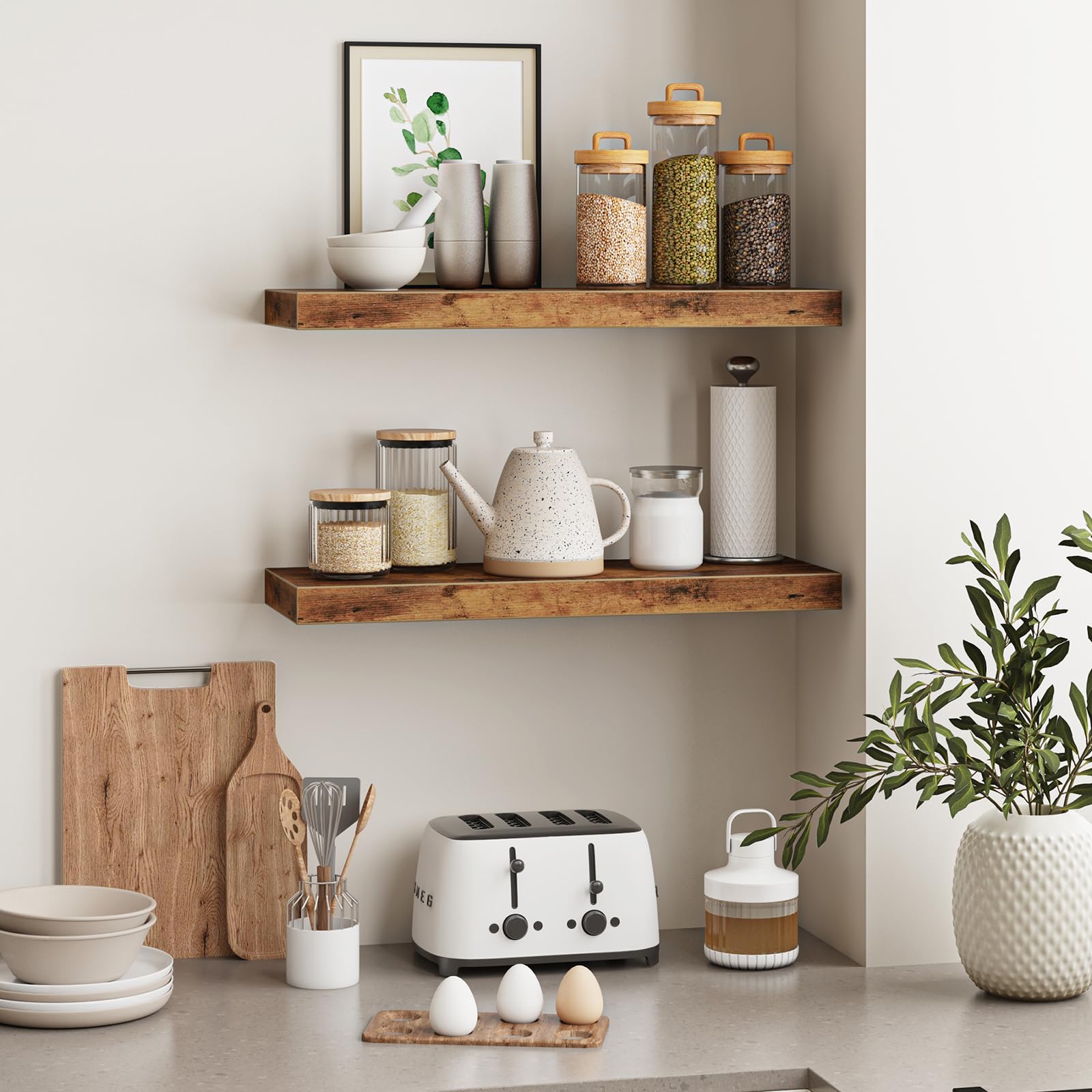 Rustic Brown Wood Floating Wall Shelves Set of 2 22x6.7x1.2 inches