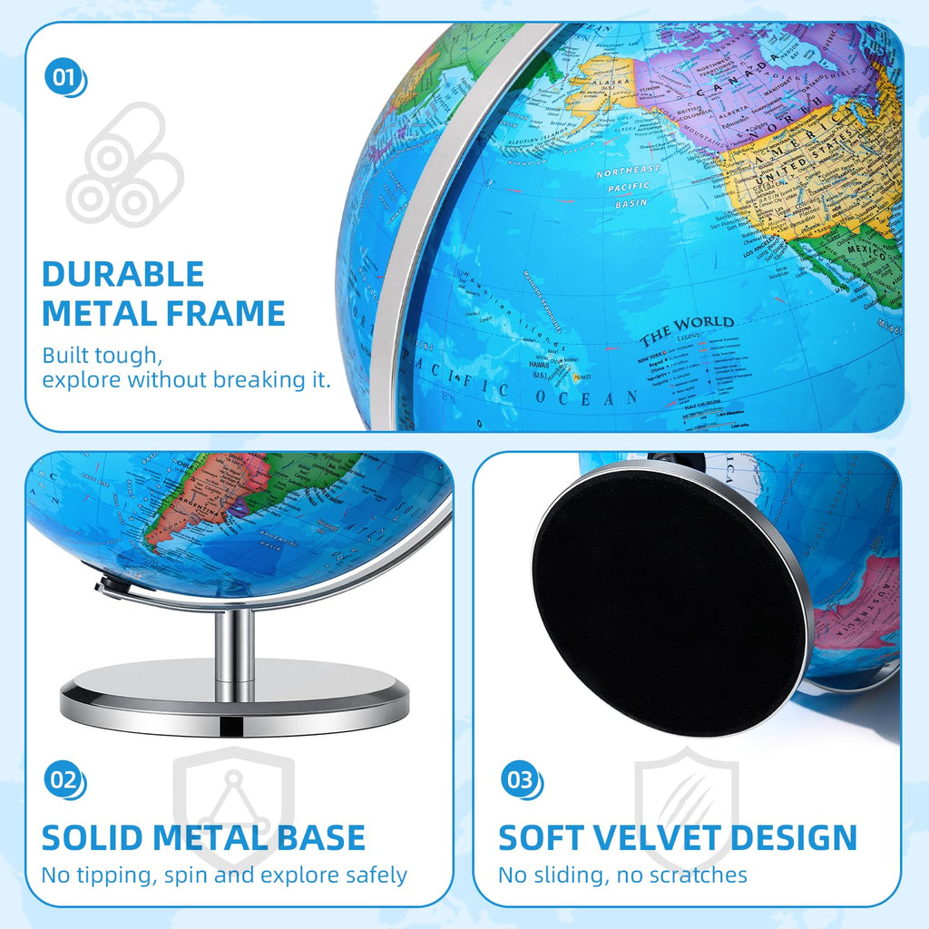 BSHAPPLUS 13 inch Large Globe for Classroom & Home Learning, Political Globe with 195+ Countries, Dry Erase & Waterproof Surface, Solid Stainless Steel Base (No Assembly Required) Retail $50.00