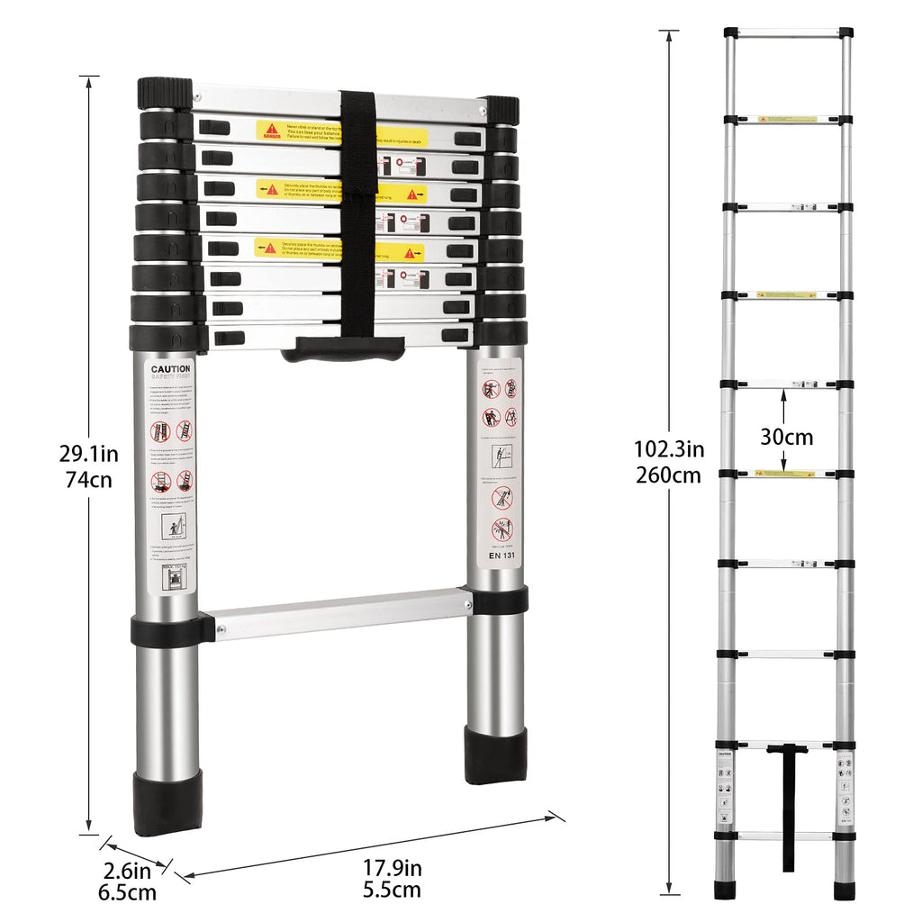 (8.5Ft/2.6M) Telescoping Ladders,EN131Standards Multi-Purpose Folding Aluminum Extension Ladder Retail $72.00
