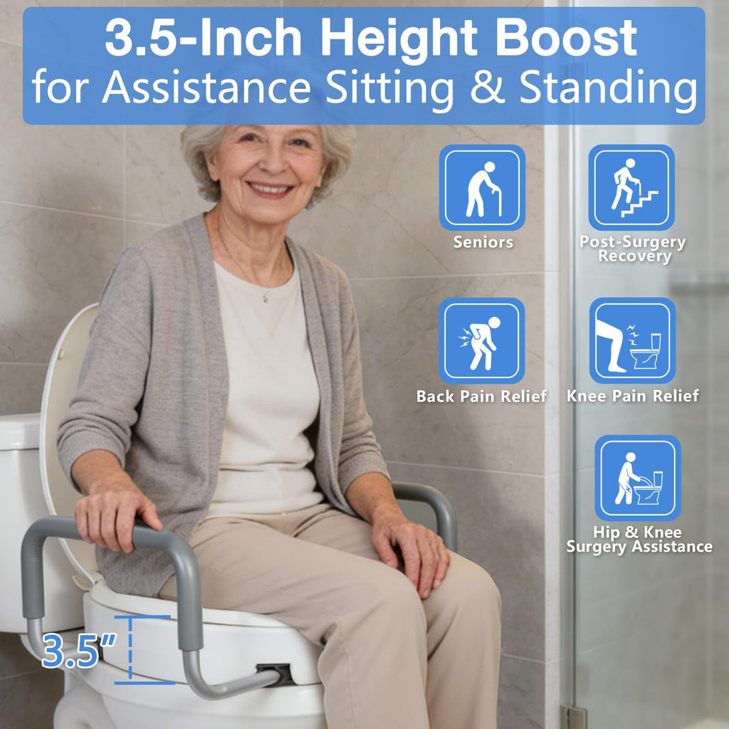 White 3.5 Inch Elongated Raised Toilet Seat with Removable Padded Handles 300 lbs Capacity