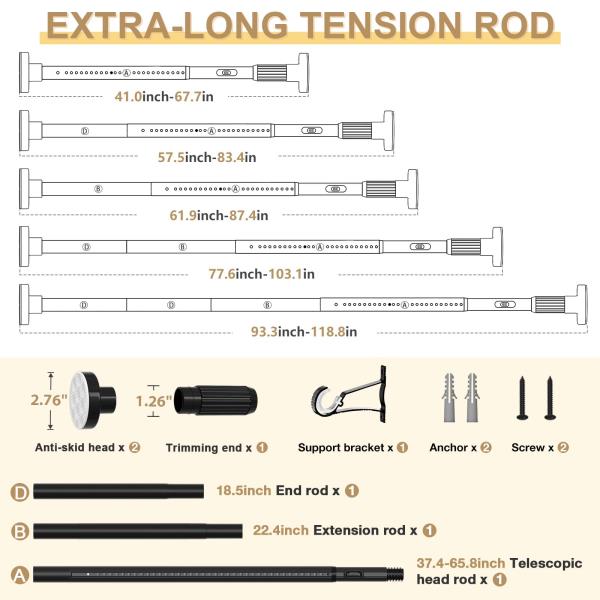 Black Tension Curtain Rod 41-118In Outdoor Curtain Rod