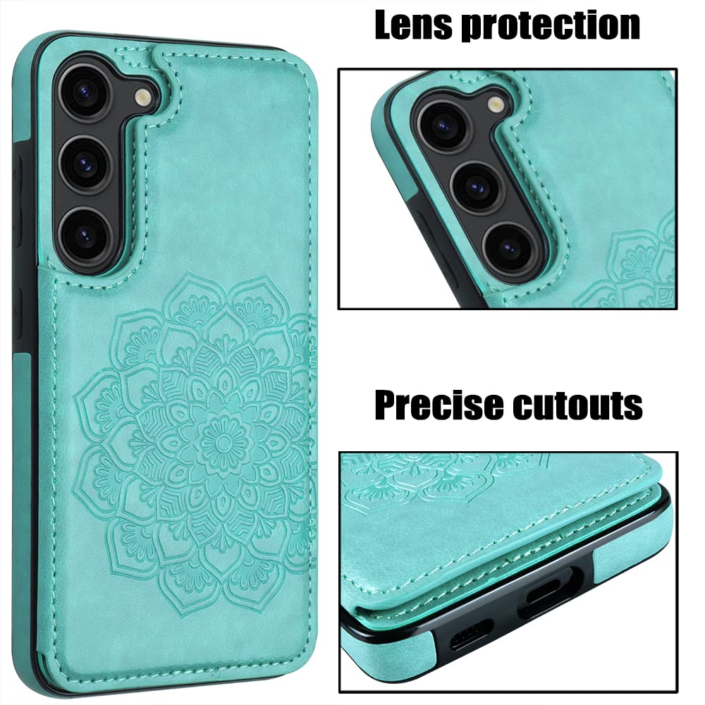 Samsung Galaxy S23 Wallet Flip Case with Card Holder Magnetic Buttons Embossed Flower Pattern Mint