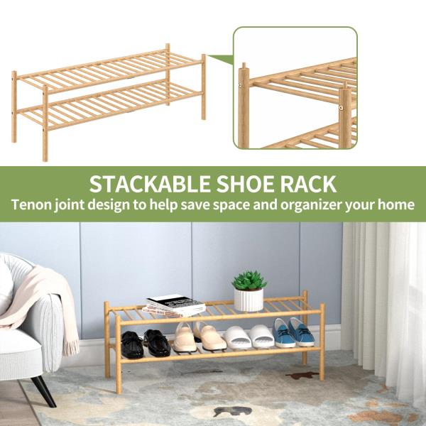-Tier Bamboo Long Shoe Rack Stackable Wood Storage Organizer 35x11x13 Natural