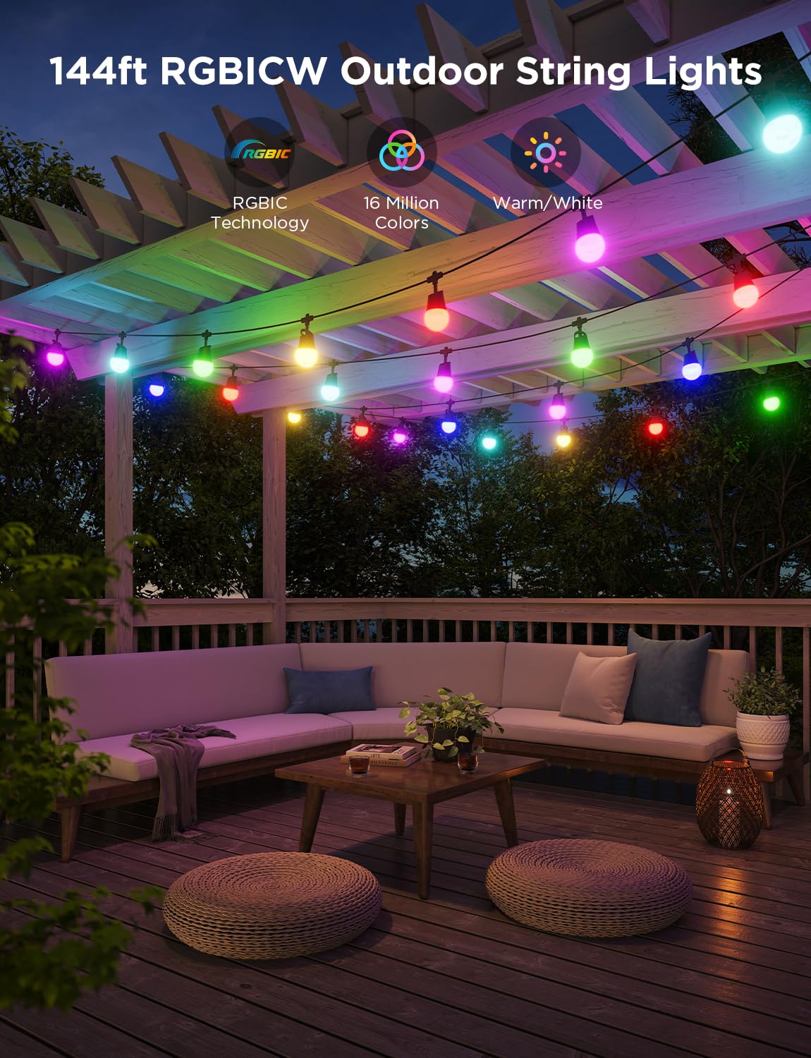 Open-Box New Govee Smart 144ft Dimmable LED RGBICW Alexa - Outdoor String Lights