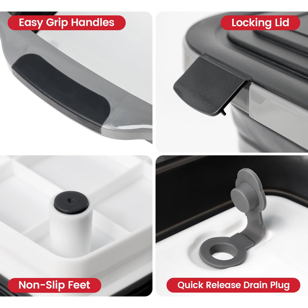 -IN-1 Large 16L Collapsible Cutting Board Prep Tub with Locking Lid Black