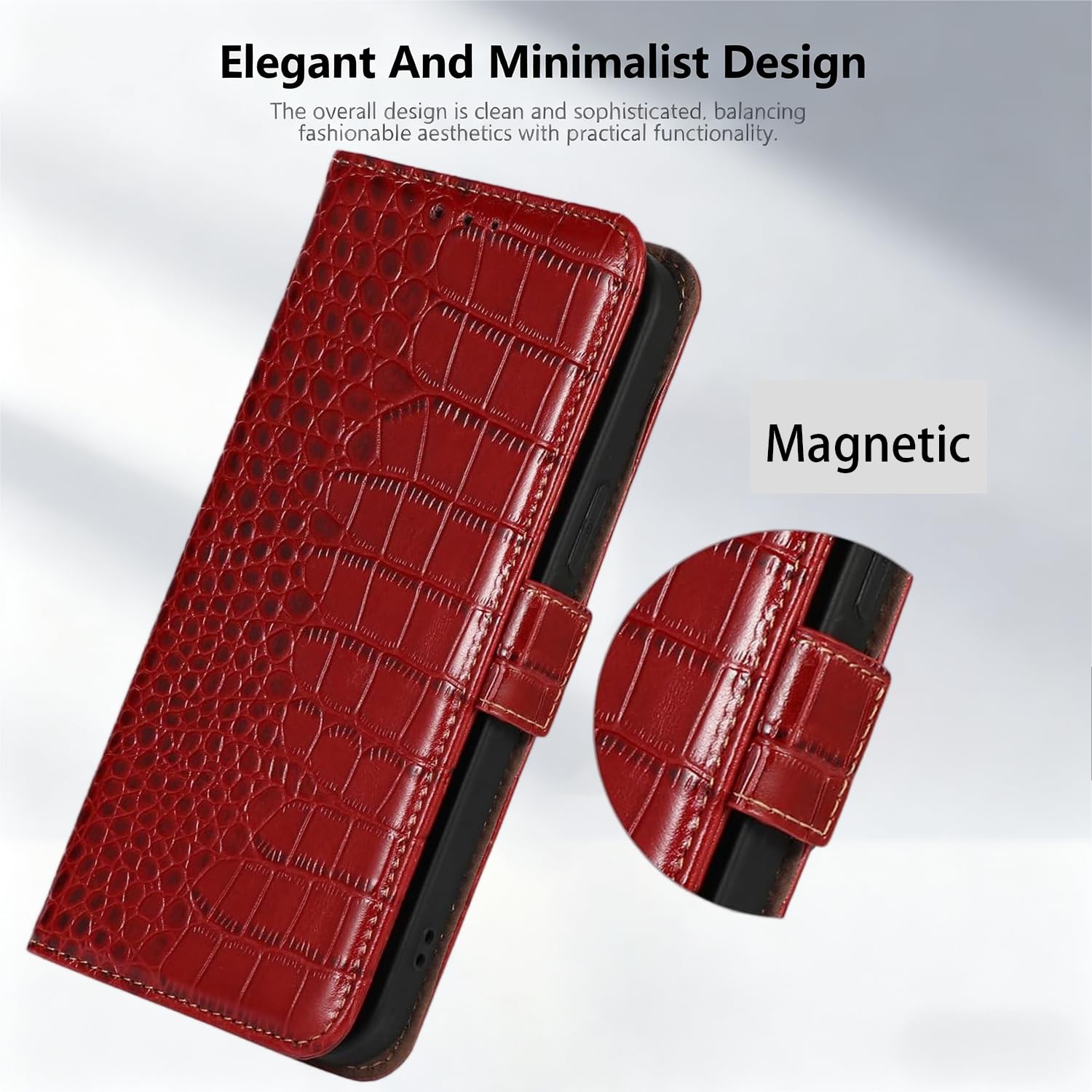 iPhone 16 Pro Leather Flip Case Crocodile Pattern RFID Blocking - Red