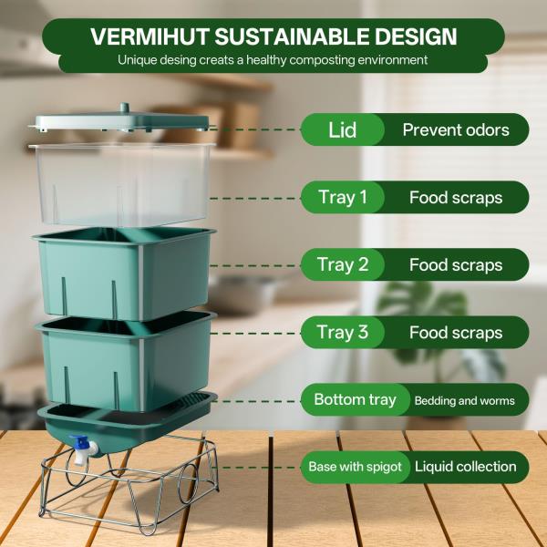 4-Tray 15L Worm Compost Bin for Kitchen Food Waste Green